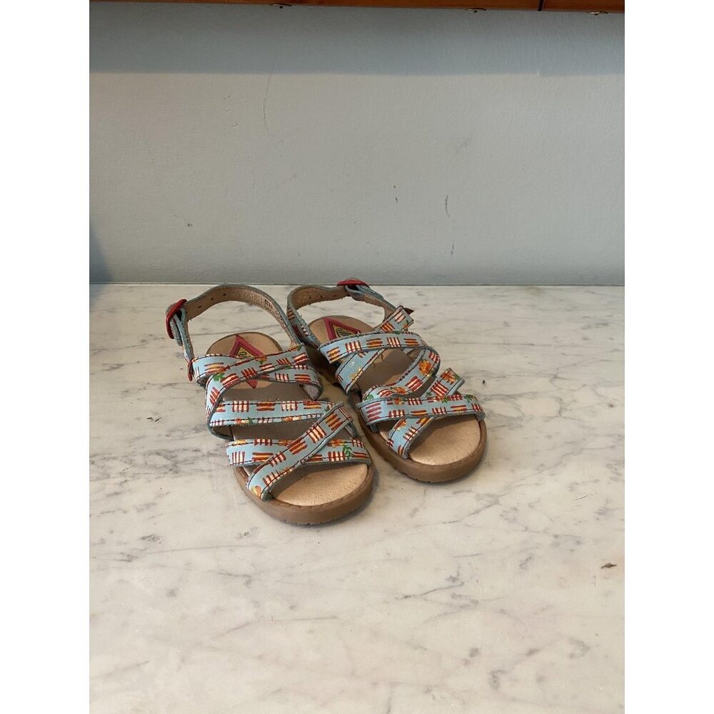 Oilily Sandals Girls Size 8 Blue Strappy Leather Print Made Italy EU 24